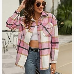 Womens Plaid Shacket Woolen Brushed Lapel Pocketed
Button Down Shirt Fall Jacket